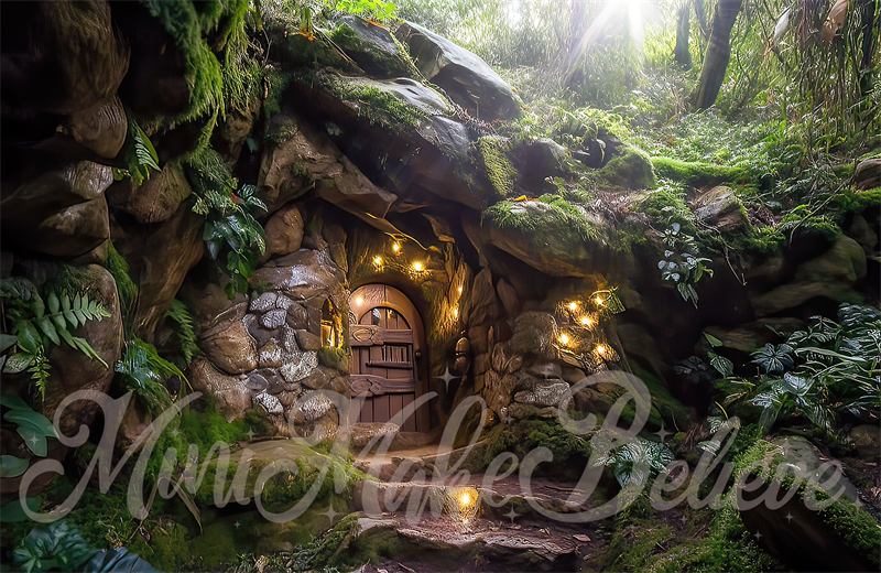 Kate Paintterly Hobbit Gnome Elf Fairy Home auf Felsen im Wald Hintergrund von Mini MakeBelieve