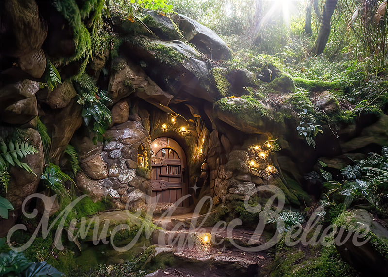 Kate Paintterly Hobbit Gnome Elf Fairy Home auf Felsen im Wald Hintergrund von Mini MakeBelieve