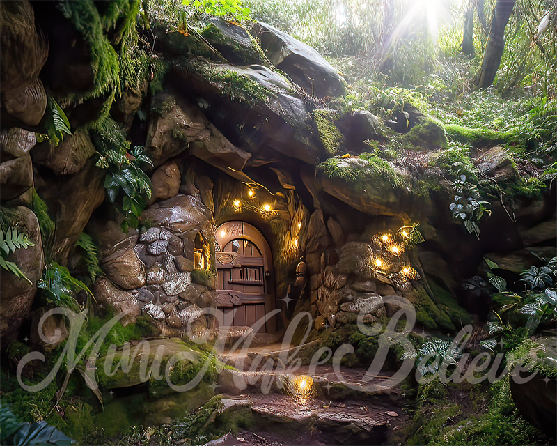 Kate Paintterly Hobbit Gnome Elf Fairy Home auf Felsen im Wald Hintergrund von Mini MakeBelieve