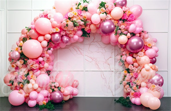 Kate Painterly Art Fun Blumen Ballonbogen Rosa Innenraum Marmor Kuchen Smash Geburtstag Hintergrund von Mini MakeBelieve - Kate Backdrop.de