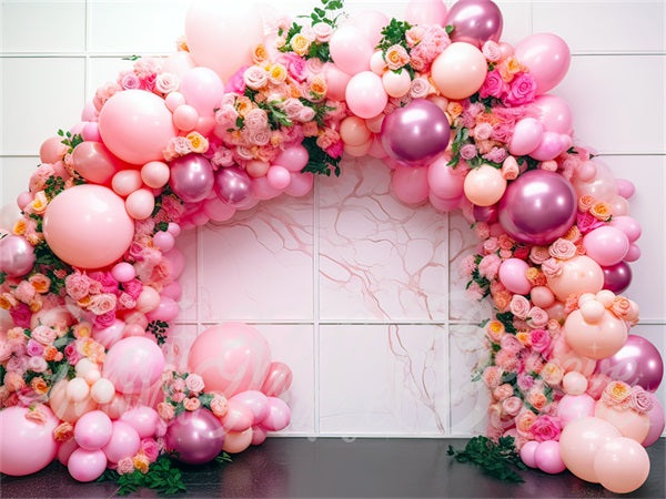 Kate Painterly Art Fun Blumen Ballonbogen Rosa Innenraum Marmor Kuchen Smash Geburtstag Hintergrund von Mini MakeBelieve - Kate Backdrop.de