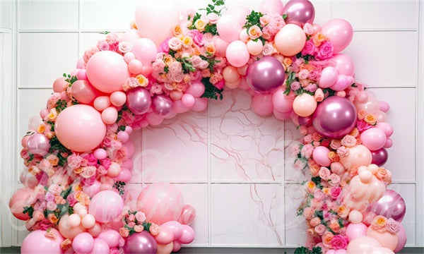 Kate Painterly Art Fun Blumen Ballonbogen Rosa Innenraum Marmor Kuchen Smash Geburtstag Hintergrund von Mini MakeBelieve - Kate Backdrop.de