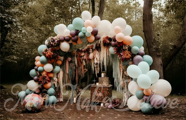 Kate Painterly Fine Art Boho Muted Pastell Luftballons Bogen Woodlands Hintergrund von Mini MakeBelieve - Kate Backdrop.de