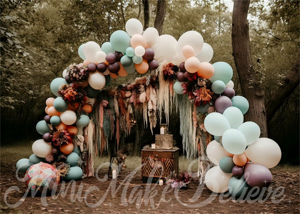 Kate Painterly Fine Art Boho Muted Pastell Luftballons Bogen Woodlands Hintergrund von Mini MakeBelieve - Kate Backdrop.de