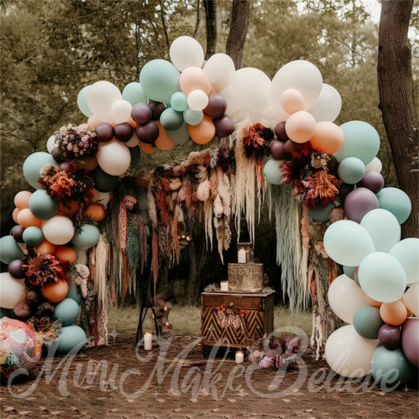 Kate Painterly Fine Art Boho Muted Pastell Luftballons Bogen Woodlands Hintergrund von Mini MakeBelieve - Kate Backdrop.de