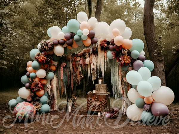 Kate Painterly Fine Art Boho Muted Pastell Luftballons Bogen Woodlands Hintergrund von Mini MakeBelieve - Kate Backdrop.de