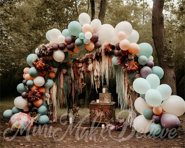 Kate Painterly Fine Art Boho Muted Pastell Luftballons Bogen Woodlands Hintergrund von Mini MakeBelieve - Kate Backdrop.de
