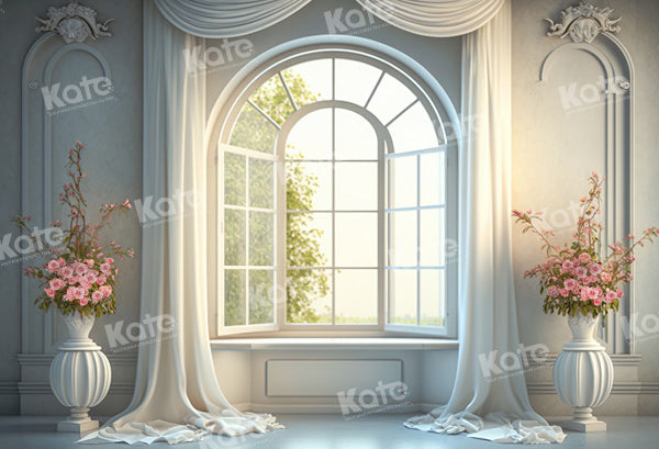 Kate Hochzeit Weißes Fenster Sonnenschein Schloss Blumen Hintergrund von Chain Photography