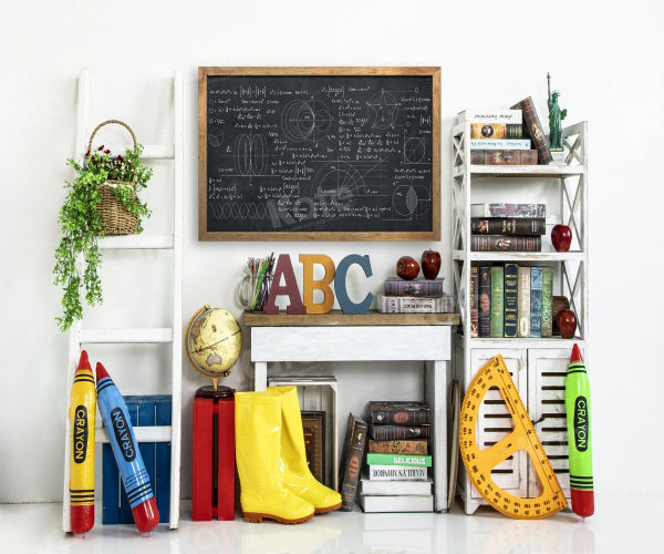 Kate Fresh Zurück zur Schule Weiße Wand und schwarze Tafel Hintergrund für Fotografie - Kate Backdrop.de