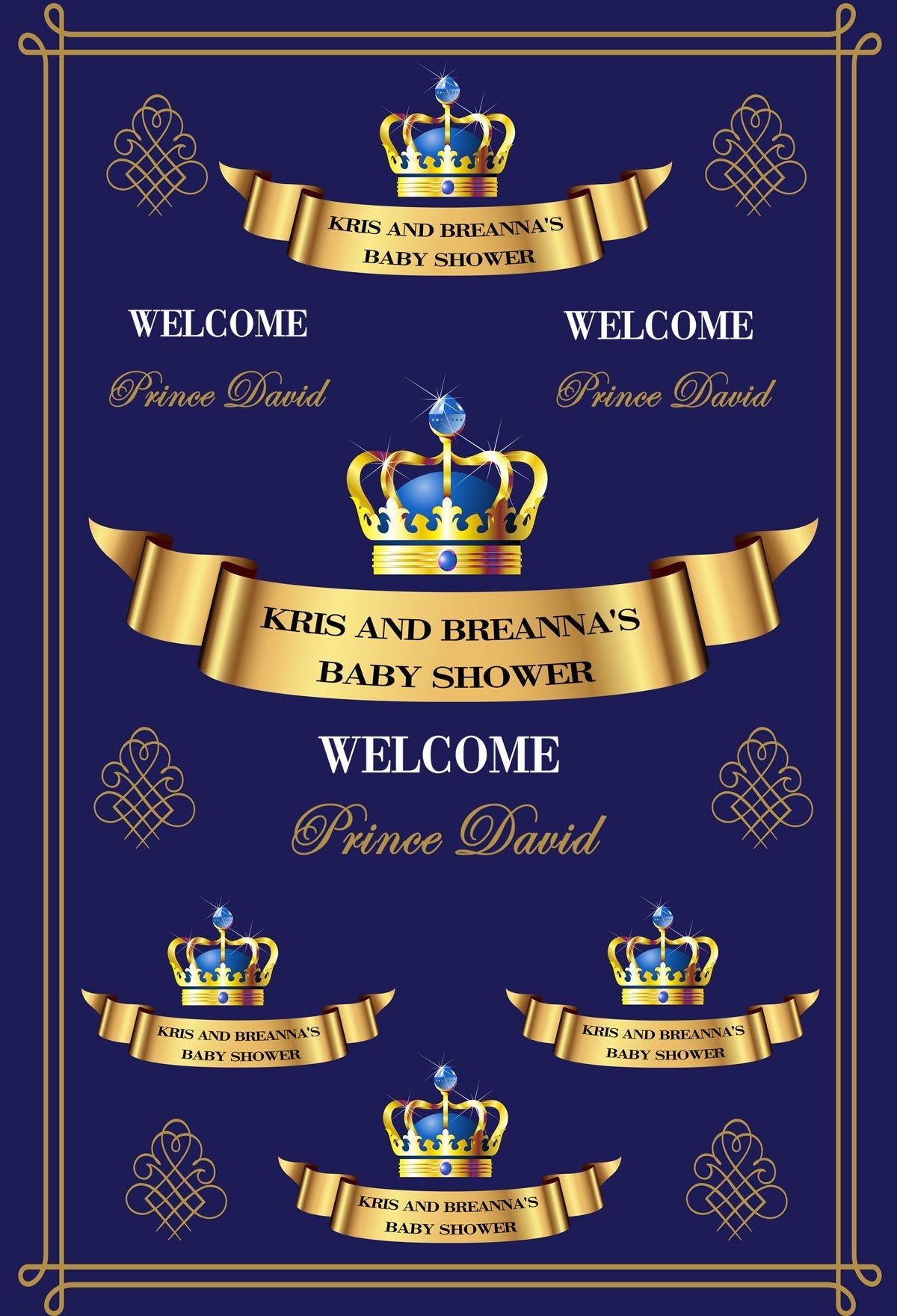 Katebackdrop:Kate Baby Shower Blue Backdrop Blue Gold Crown Step and Repeat