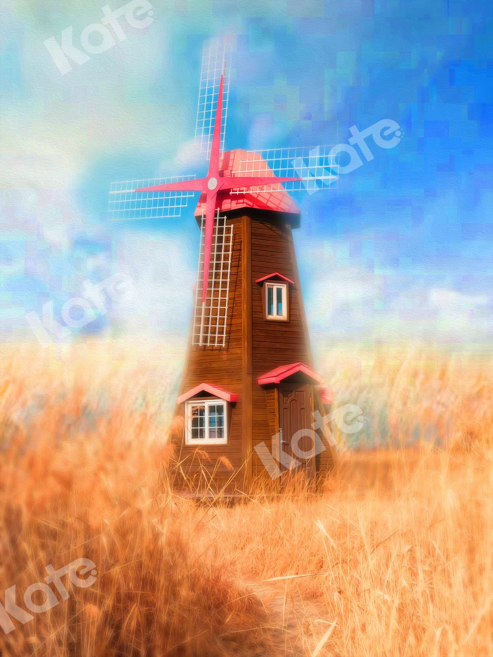Kate Herbst Hintergrund Weizenfeld rote Windmühle für Fotografie - Kate Backdrop.de