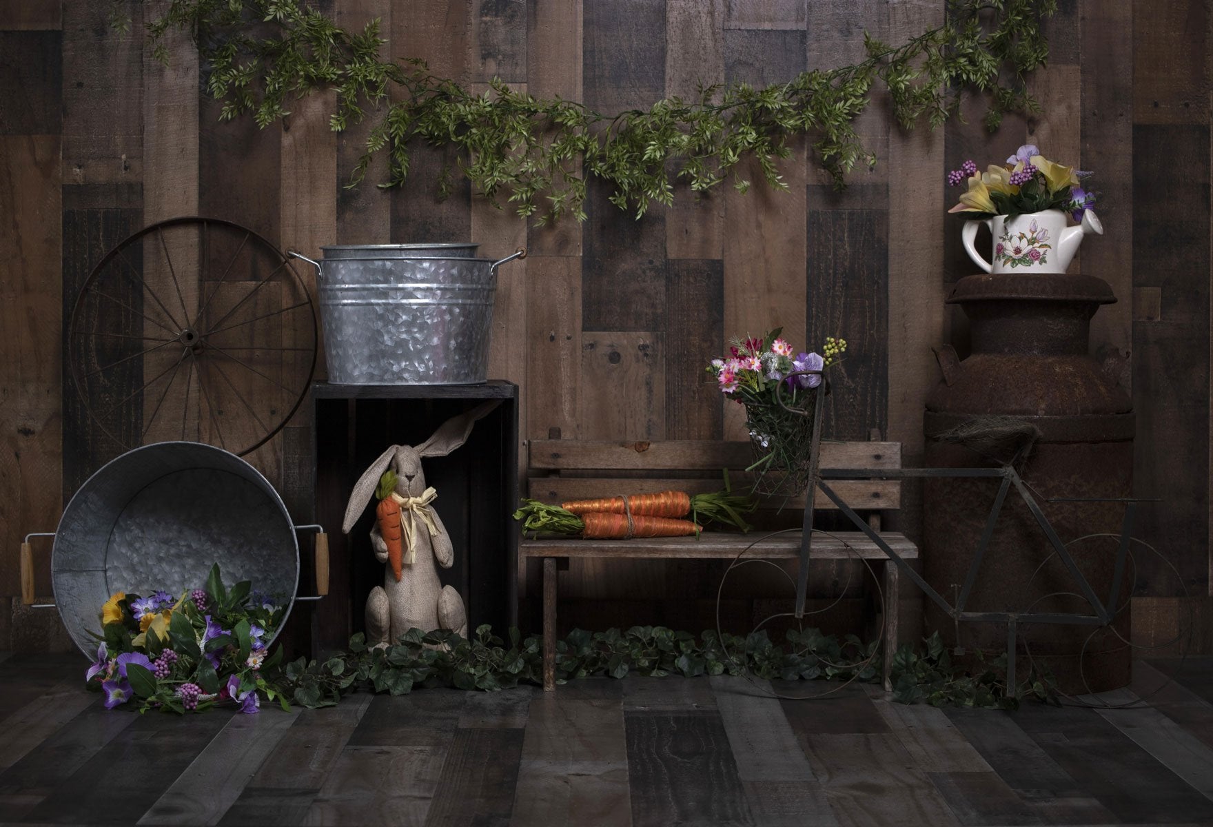 Kate Holz Hintergrund mit Kaninchen Dekorationen Ostern Frühling Kinder Kulisse für Fotografie von Erin Larkins entworfen - Kate Backdrop.de