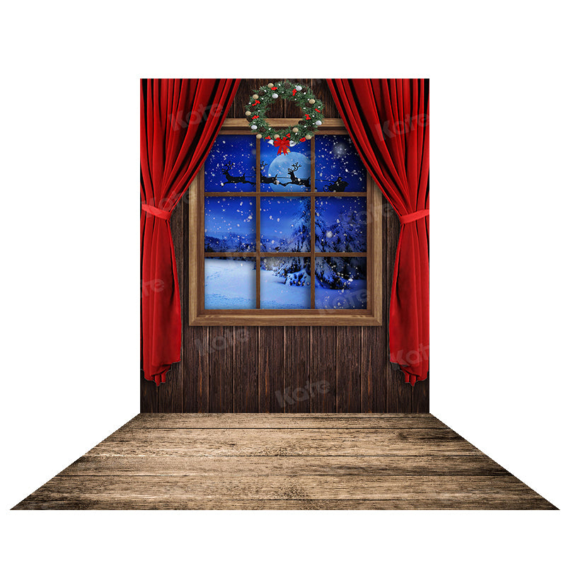 Kate Weihnachten Fenster Vorhang Hintergrund+Braun Holz Bodenmatte Gummimatte - Kate Backdrop.de