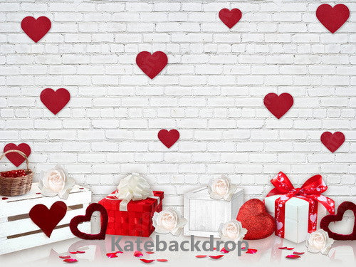 Kate Weißer Backstein Valentinstag Geschenk Rote Herzen Blumen hintergrund für Fotografie - Kate Backdrop.de