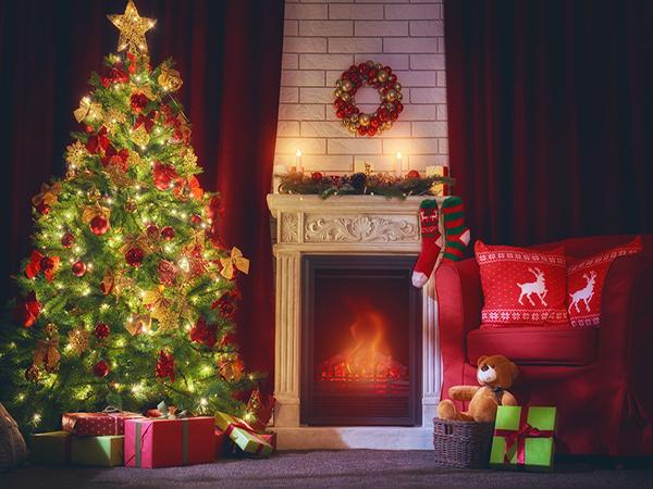 Katebackdrop:Kate Christmas Backdrop Christmas Tree Fireplace Night Scene