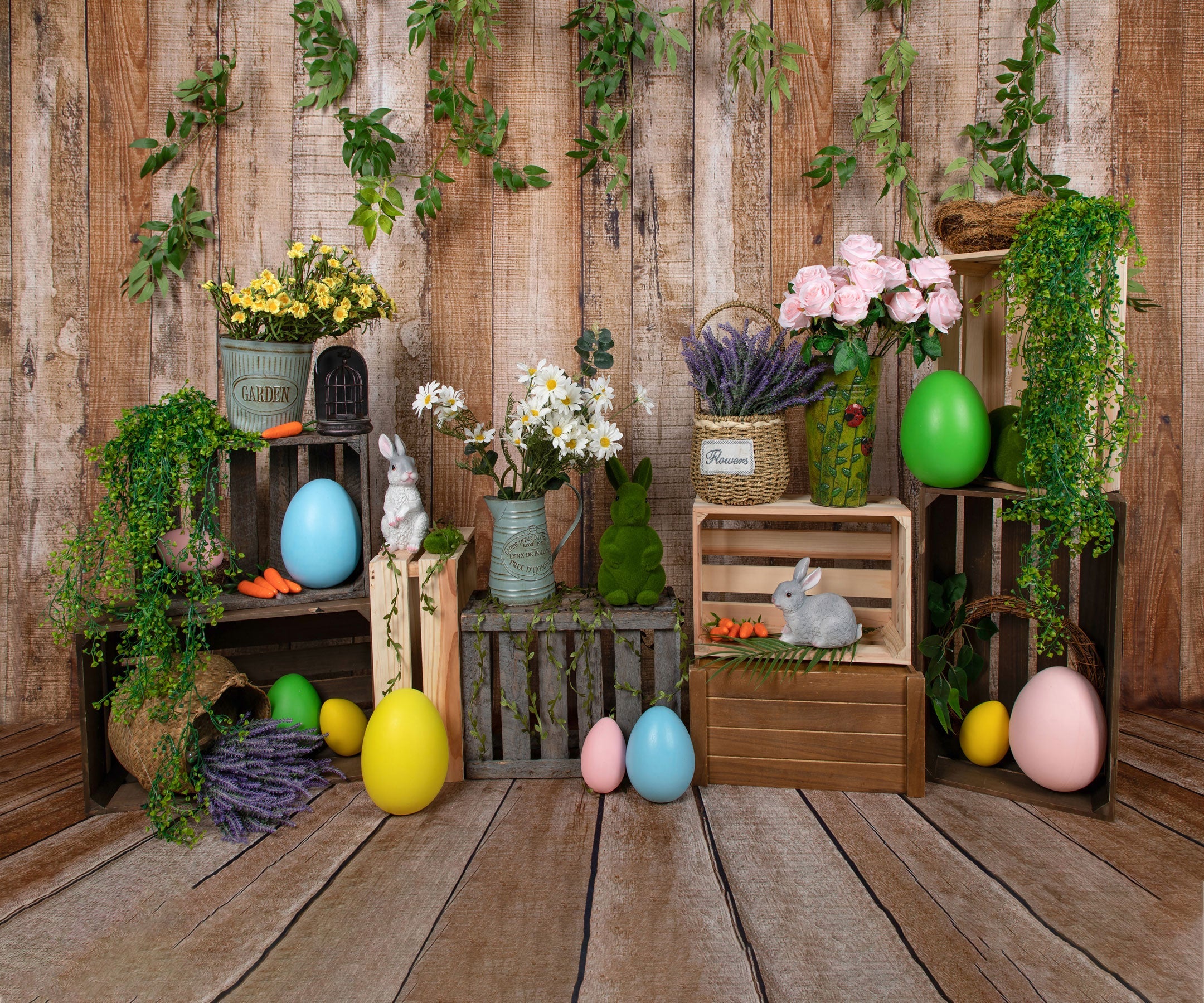 Kate Ostern Karotte Kaninchen Ostereier bunte Blume Hintergrund für Fotografie - Kate Backdrop.de