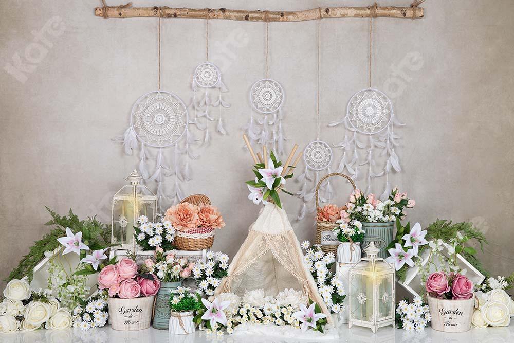 Kate Frühling Boho Zelt Blumen Dreamcatcher Hintergrund von Emetselch - Kate Backdrop.de