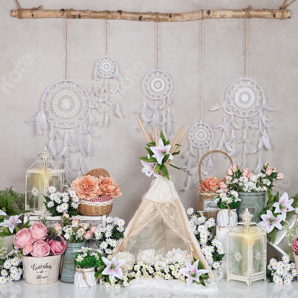 Kate Frühling Boho Zelt Blumen Dreamcatcher Hintergrund von Emetselch - Kate Backdrop.de