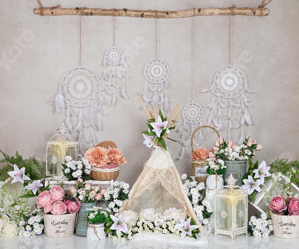 Kate Frühling Boho Zelt Blumen Dreamcatcher Hintergrund von Emetselch - Kate Backdrop.de