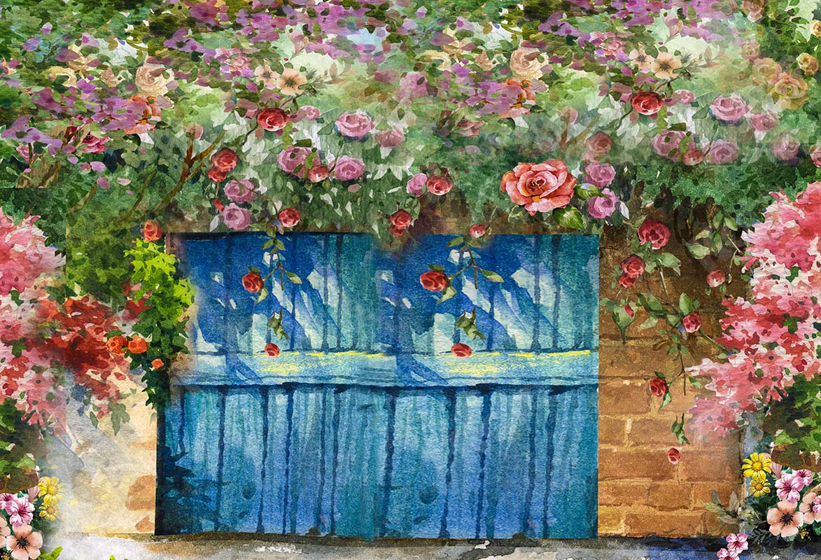 Kate Frühling Blau Holztür Garten Blumen Hintergrund Entworfen von GQ - Kate Backdrop.de