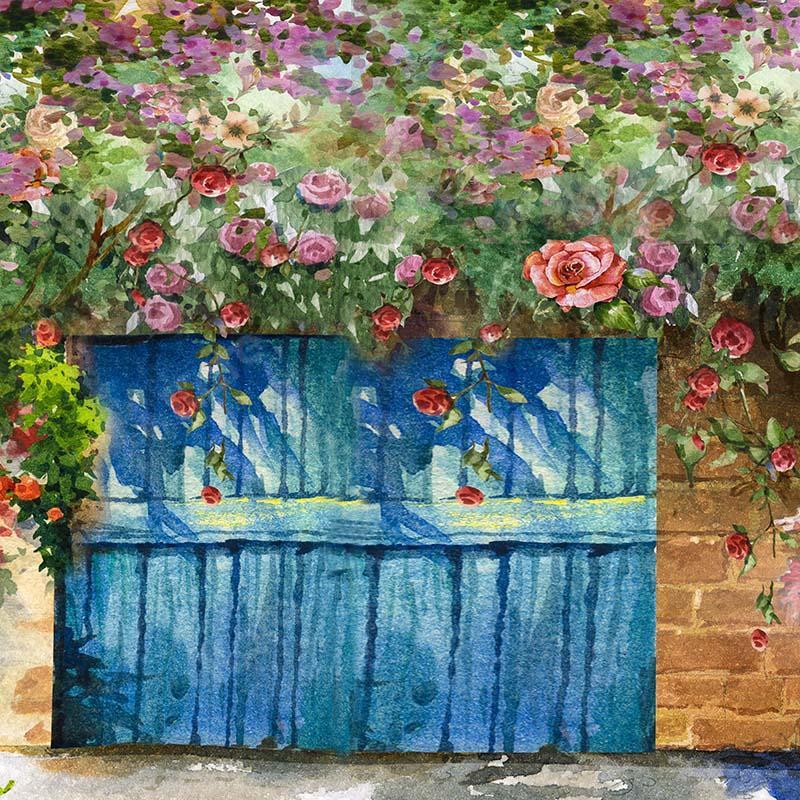 Kate Frühling Blau Holztür Garten Blumen Hintergrund Entworfen von GQ - Kate Backdrop.de