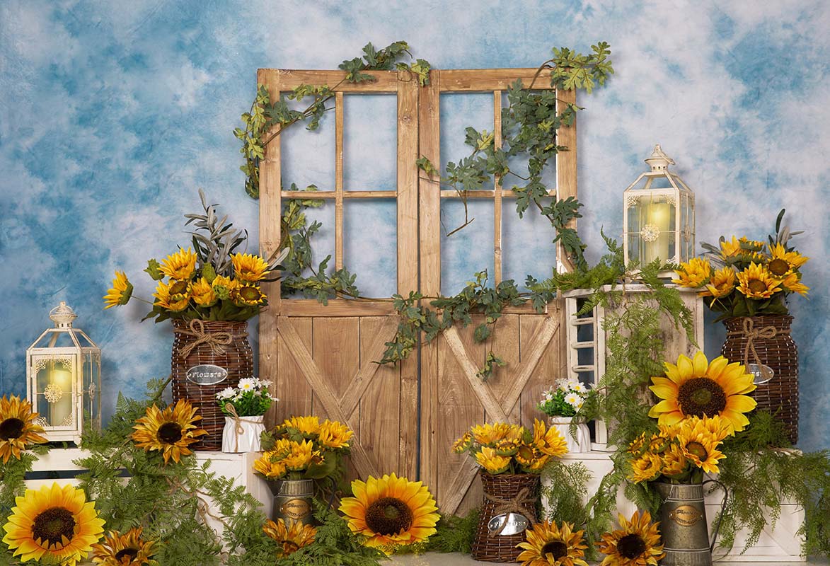 Kate Frühling Sonnenblumen Braun Holztür Blau Hintergrund Entworfen von Emetselch - Kate Backdrop.de