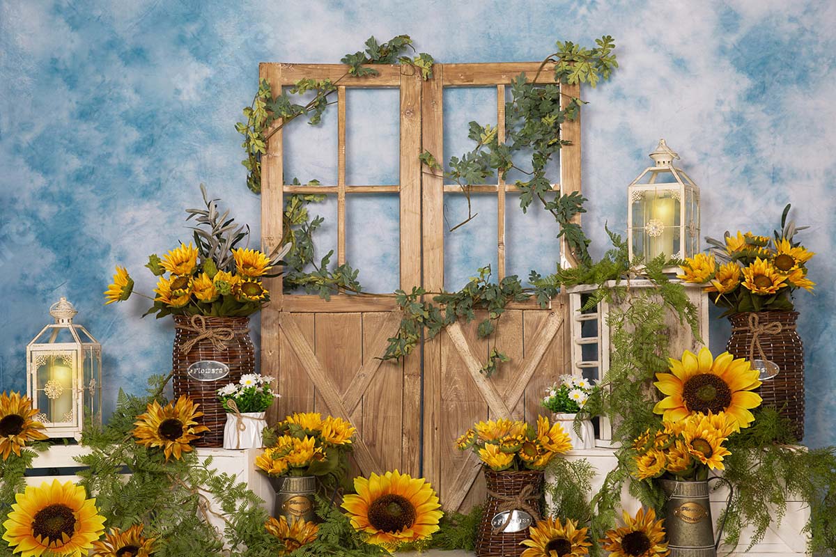 Kate Frühling Sonnenblumen Braun Holztür Blau Hintergrund Entworfen von Emetselch - Kate Backdrop.de
