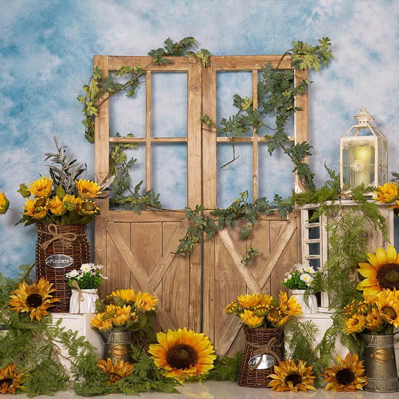 Kate Frühling Sonnenblumen Braun Holztür Blau Hintergrund Entworfen von Emetselch - Kate Backdrop.de