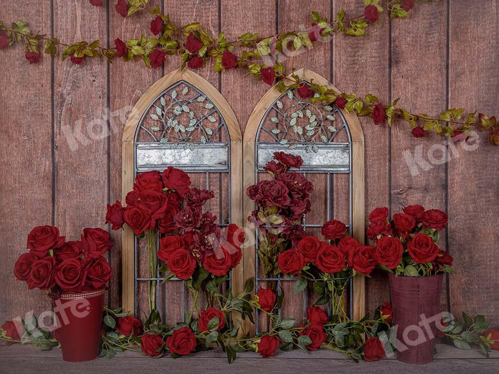 Kate Valentinstag Rote Rosen Holz Fenster Hintergrund - Kate Backdrop.de