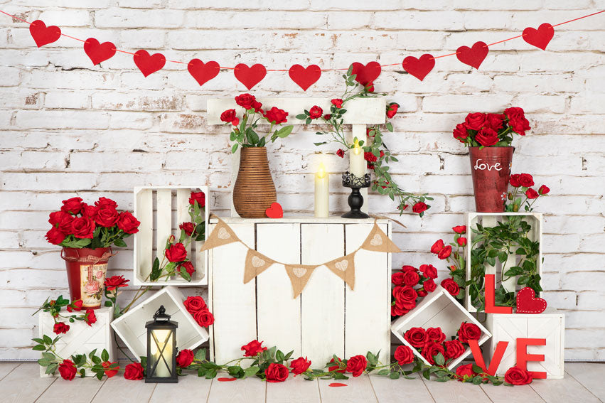 Kate Valentinstag Rosen stehen weiß Backsteinmauer Hintergrund von Emetselch - Kate Backdrop.de