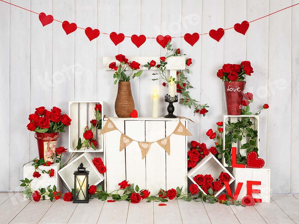 Kate Valentinstag Rosen stehen weißen Holzwand Hintergrund von Emetselch - Kate Backdrop.de