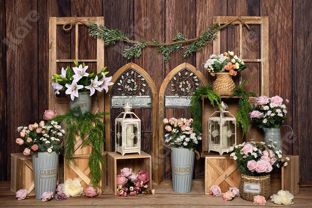 Kate Frühling Blumen Holz Tür Fenster Brauner Hintergrund von Emetselch - Kate Backdrop.de