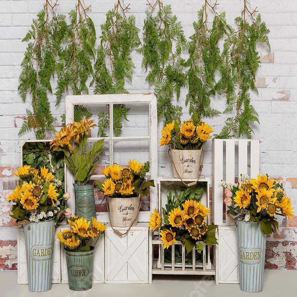 Kate Frühling Sonnenblumen weißer Backsteinmauer Hintergrund von Emetselch - Kate Backdrop.de