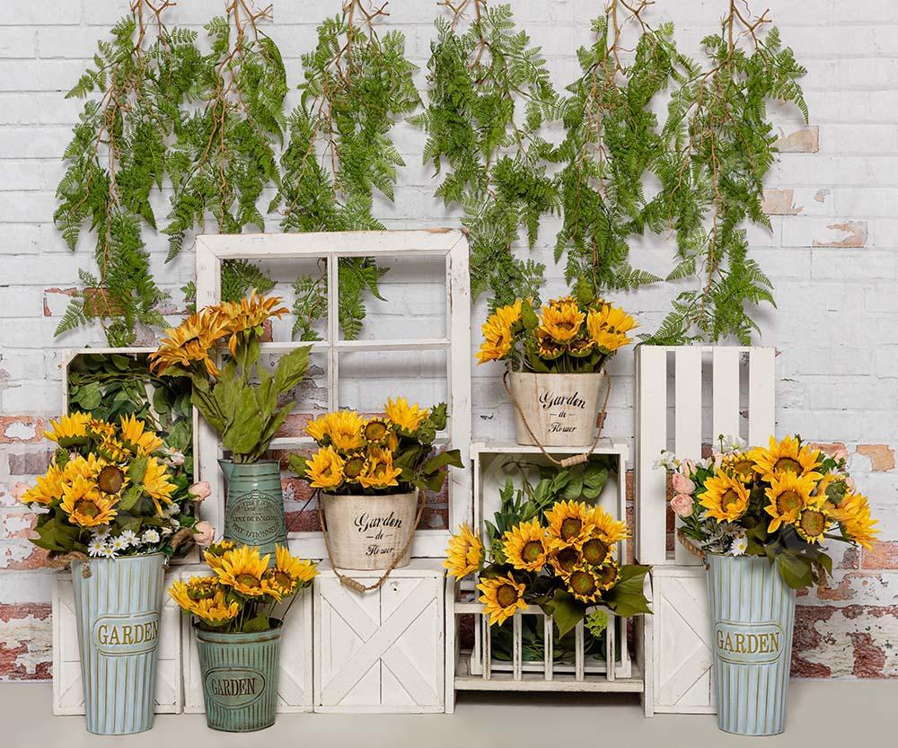 Kate Frühling Sonnenblumen weißer Backsteinmauer Hintergrund von Emetselch - Kate Backdrop.de