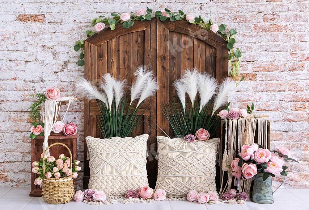 Kate Boho Backsteinmauer Tür Blumen Cake Smash Hintergrund von Emetselch - Kate Backdrop.de