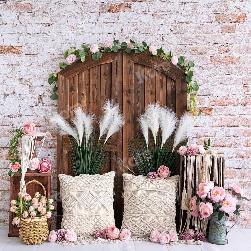 Kate Boho Backsteinmauer Tür Blumen Cake Smash Hintergrund von Emetselch - Kate Backdrop.de