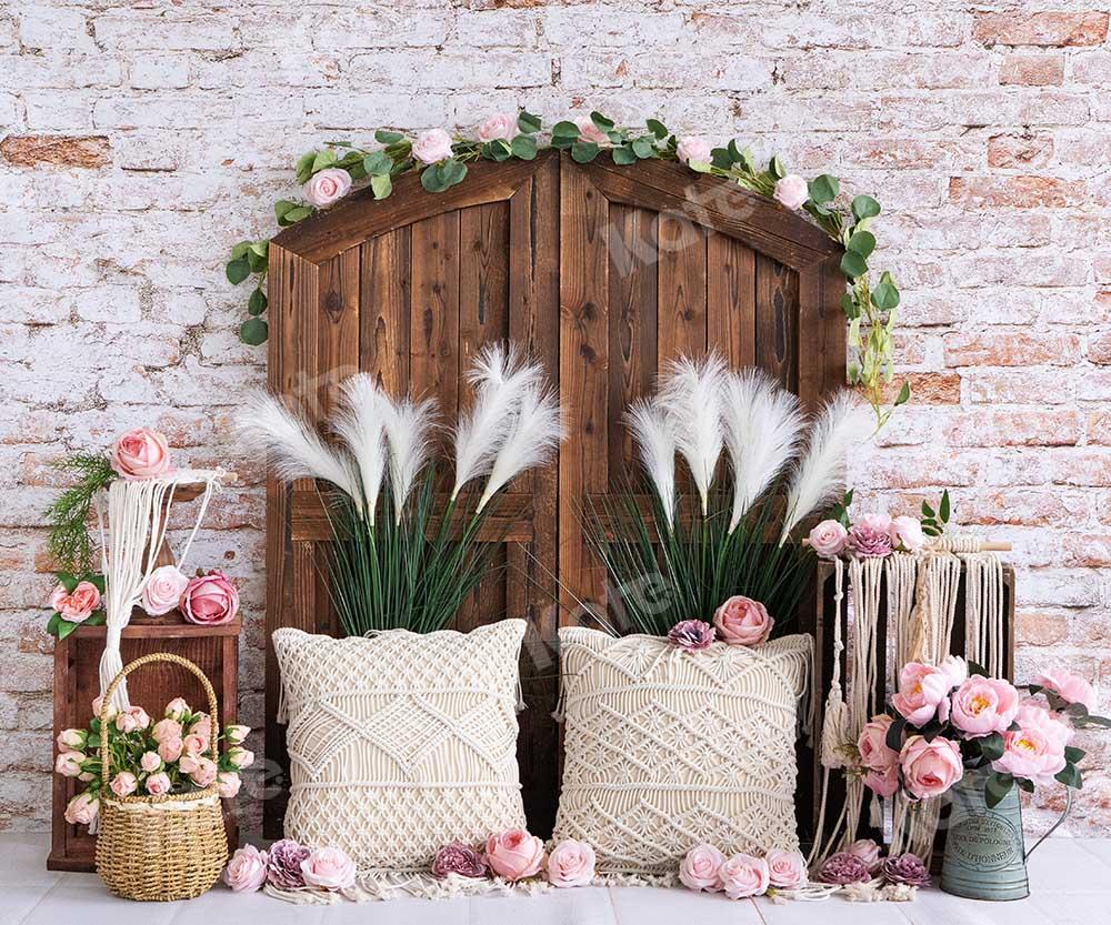 Kate Boho Backsteinmauer Tür Blumen Cake Smash Hintergrund von Emetselch - Kate Backdrop.de