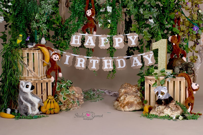 Kate Dschungel Cartoon Zootiere Sommer Hintergrund 1. Kuchen zerschlagen von Studio Gumot entworfen - Kate Backdrop.de