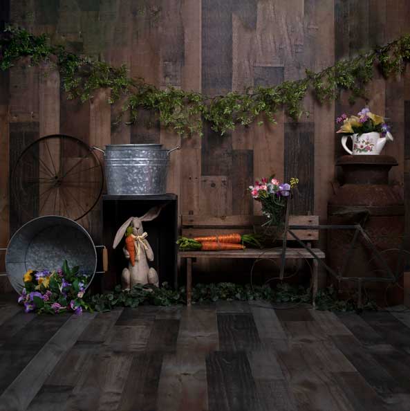 Kate Holz Hintergrund mit Kaninchen Dekorationen Ostern Frühling Kinder Kulisse für Fotografie von Erin Larkins entworfen - Kate Backdrop.de
