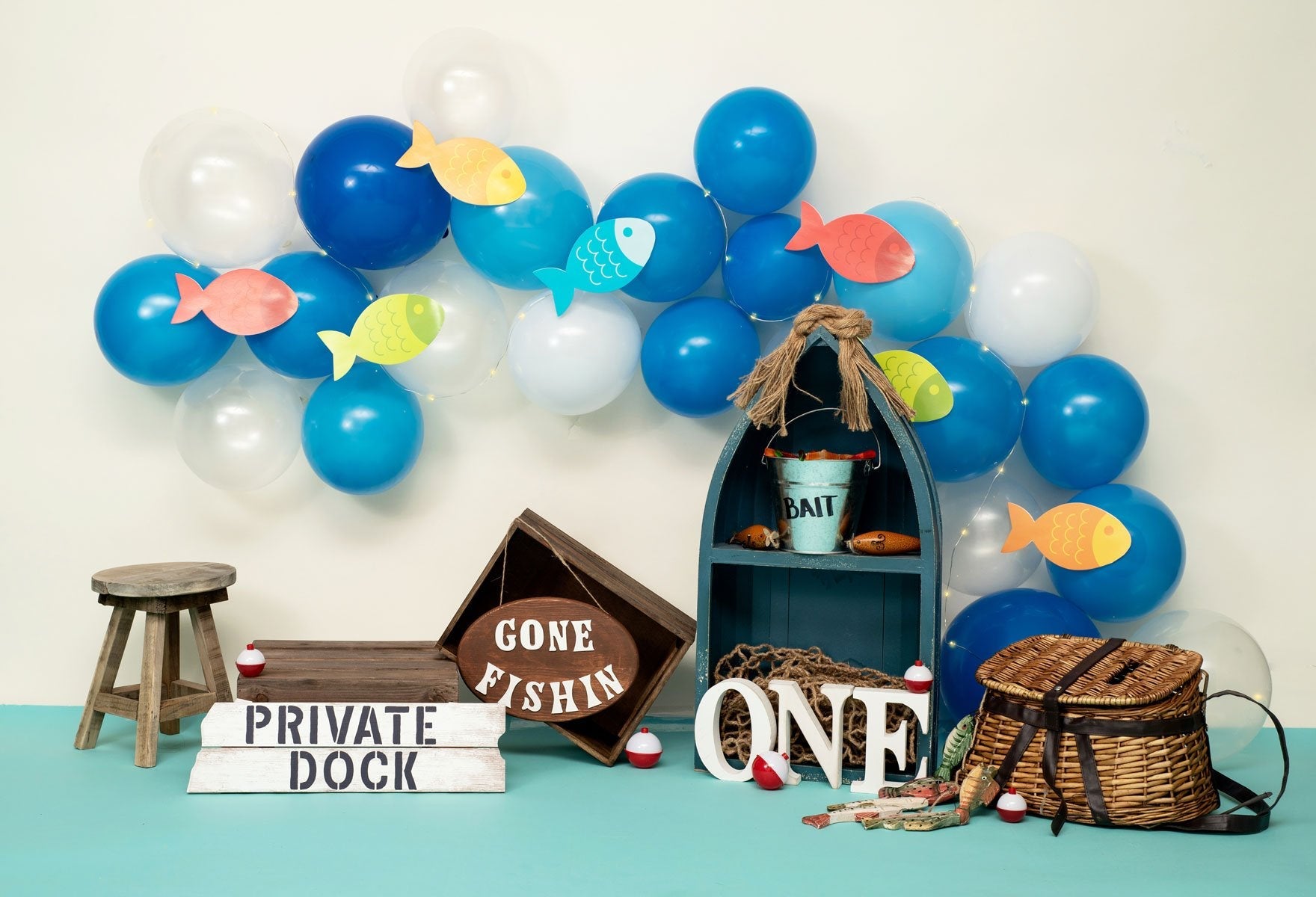 Kate Fisch und Luftballons Geburtstag Baby Sommer Hintergrund für Fotografie von Amberly Ware entworfen