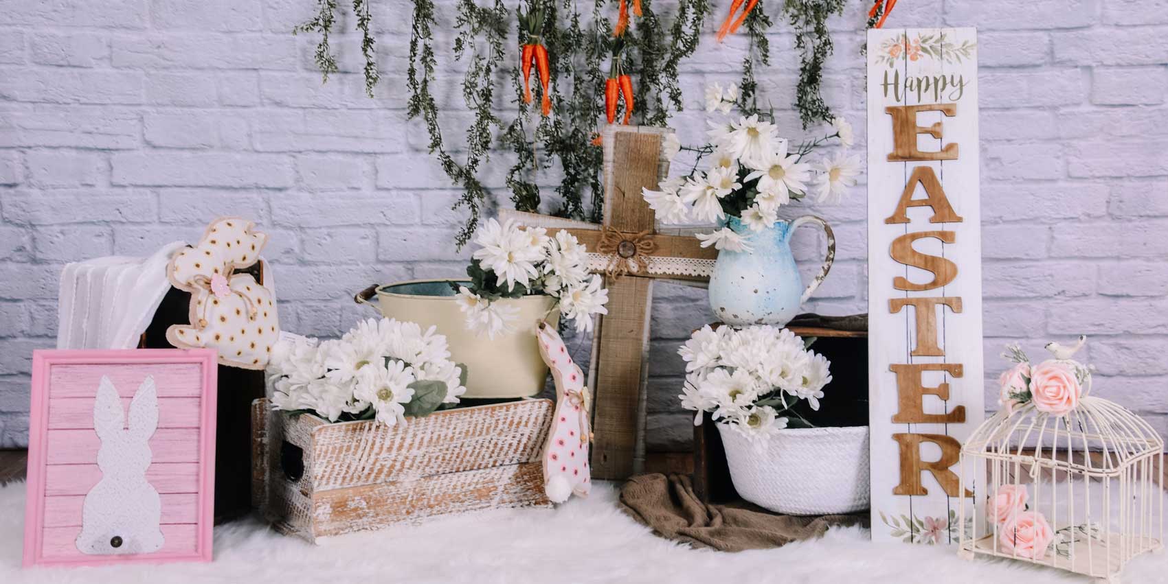 Kate Weiße Blume Karotten Banner Ostern Hintergrund für Fotografie von Kerstan Jessop - Kate Backdrop.de