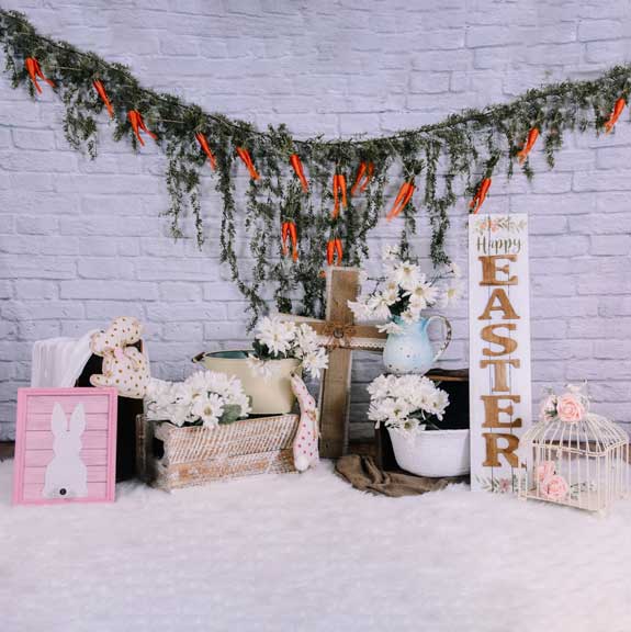 Kate Weiße Blume Karotten Banner Ostern Hintergrund für Fotografie von Kerstan Jessop - Kate Backdrop.de