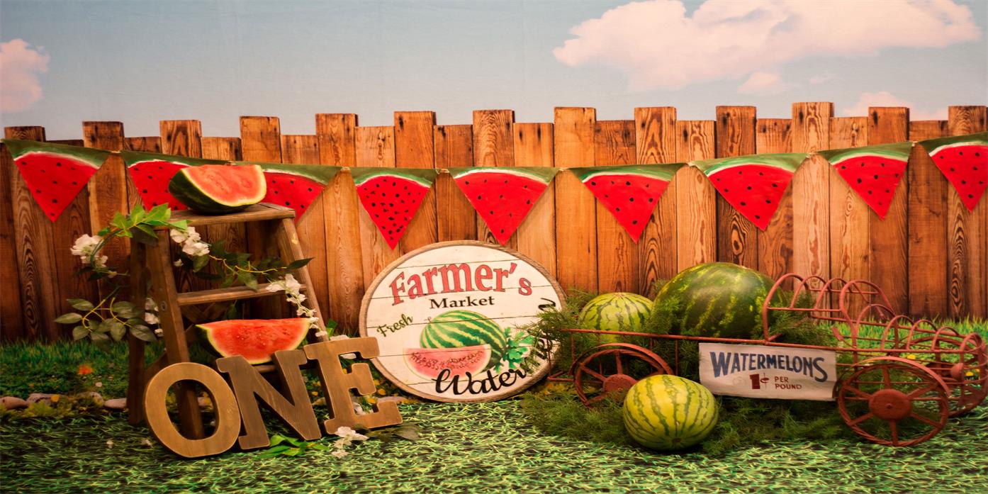 Kate-Sonnenuntergang-Zaun mit Wassermelonen-Geburtstags-Hintergrund für die Fotografie entworfen von Stephanie Gabbard - Kate Backdrop.de