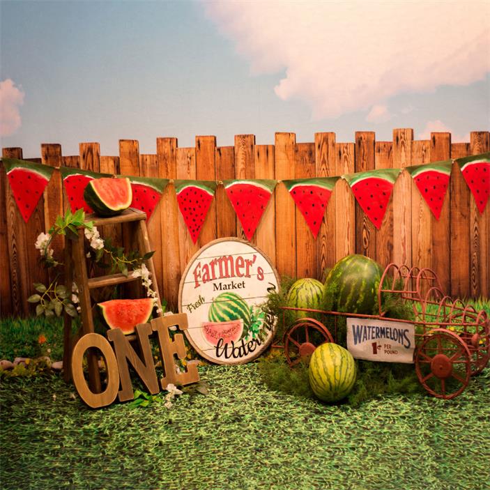 Kate-Sonnenuntergang-Zaun mit Wassermelonen-Geburtstags-Hintergrund für die Fotografie entworfen von Stephanie Gabbard - Kate Backdrop.de