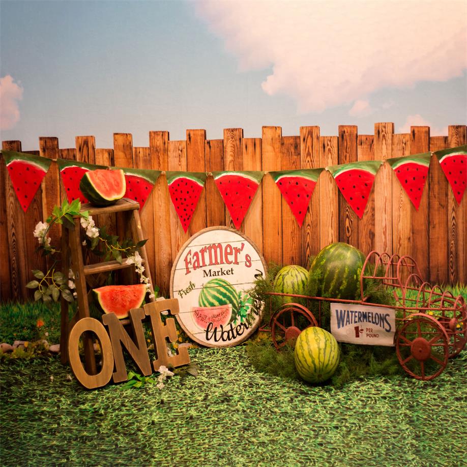 Kate-Sonnenuntergang-Zaun mit Wassermelonen-Geburtstags-Hintergrund für die Fotografie entworfen von Stephanie Gabbard - Kate Backdrop.de