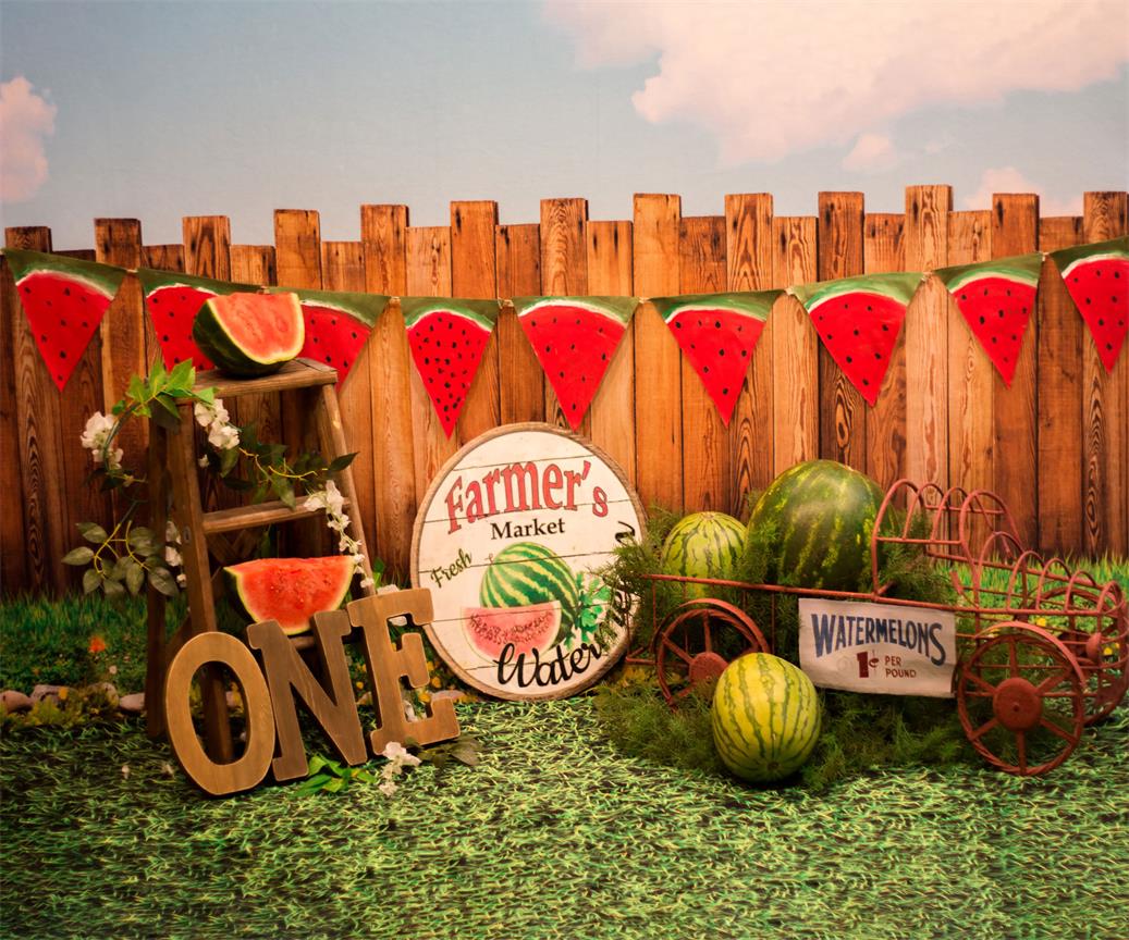 Kate-Sonnenuntergang-Zaun mit Wassermelonen-Geburtstags-Hintergrund für die Fotografie entworfen von Stephanie Gabbard - Kate Backdrop.de