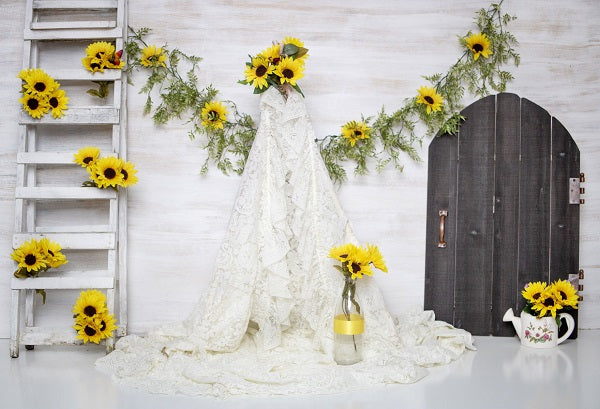 Kate Sonnenblumen und weißes Zelt-Hochzeits-Mädchen-Hintergrund für die Fotografie entworfen von Erin Larkins - Kate Backdrop.de