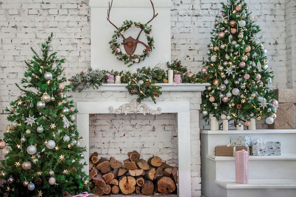 Kate Weihnachtsbaum mit Kamin-weißer warmem Hintergrund für Fotografie - Kate Backdrop.de