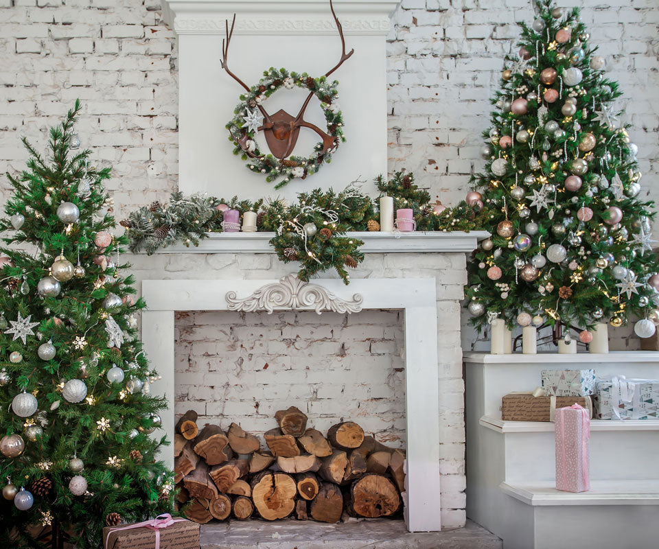Kate Weihnachtsbaum mit Kamin-weißer warmem Hintergrund für Fotografie - Kate Backdrop.de