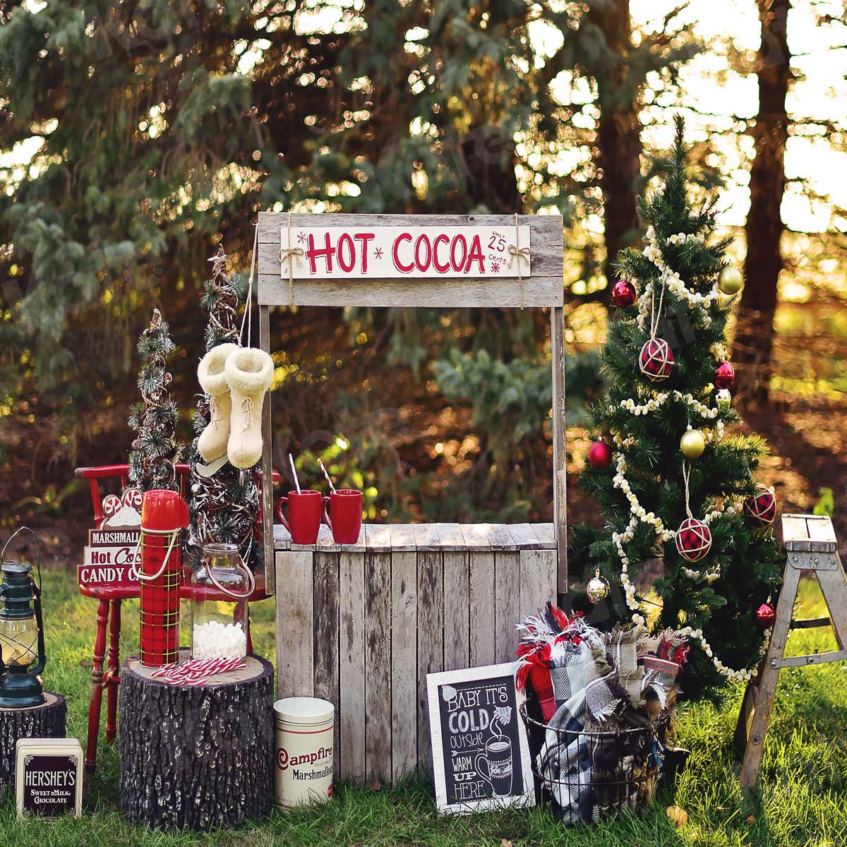 Kate Hot Cocoa Stand Weihnachten Baum Hintergrund von Mandy Ringe Photography - Kate Backdrop.de